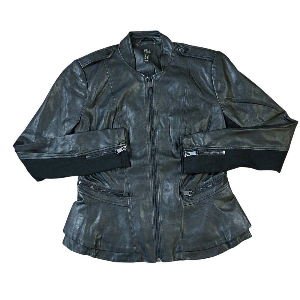 G.I.L.I.‎ Faux Leather Double Peplum Jacket Black Sz 4 New Gili Vegan